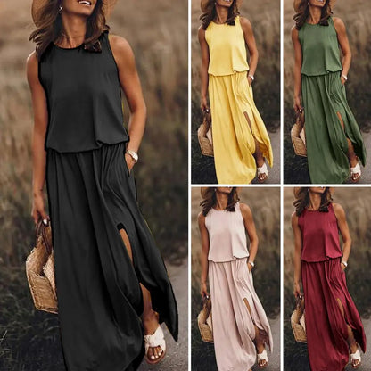 Abito lungo maxi da donna estivo Abiti da spiaggia Abito estivo floreale casual senza maniche 2023 Abiti estivi verdi per le vacanze Abito canotta Boho