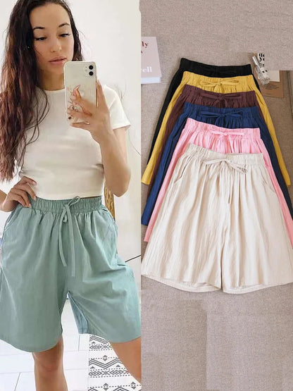 2023 Women Cotton shorts Summer Casual Solid Two Pockets shorts high waist loose shorts for girls Soft Cool female shorts