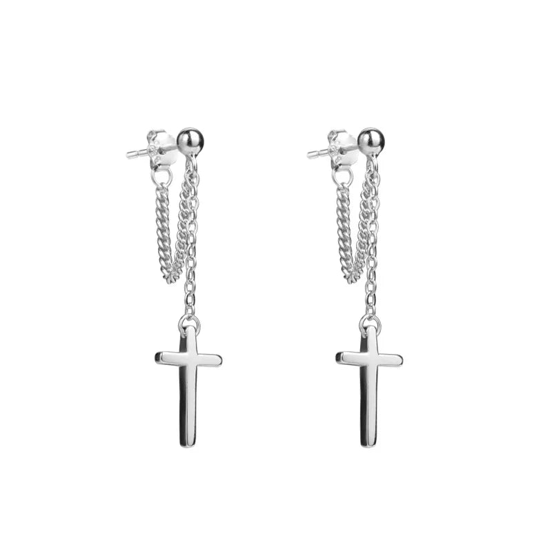 Punk Silver Color Cross Drop Earrings for Women Men Gothic Hip Hop Long Tassel Hanging Earring Jewelry Gift Bijoux