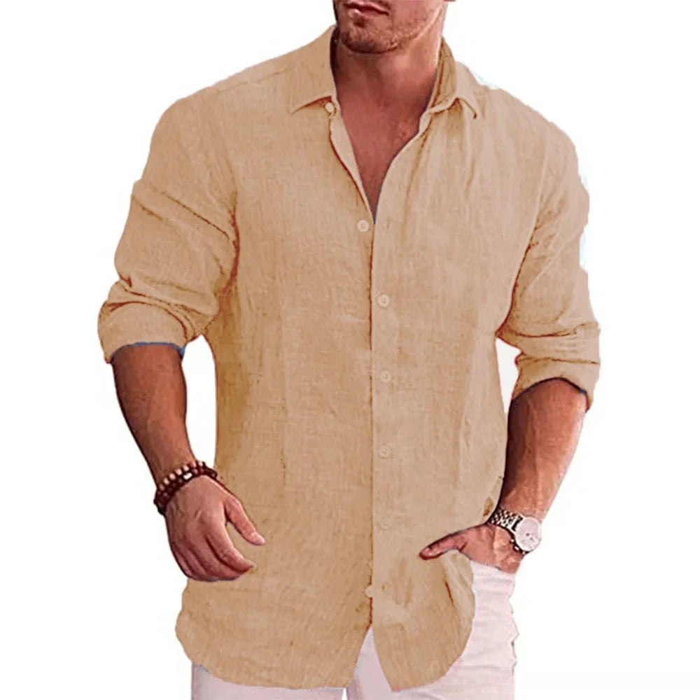 Camicia a maniche lunghe da uomo in lino di cotone autunno vendita caldo tinta unita stile casual camicia di lino casual da uomo taglie forti