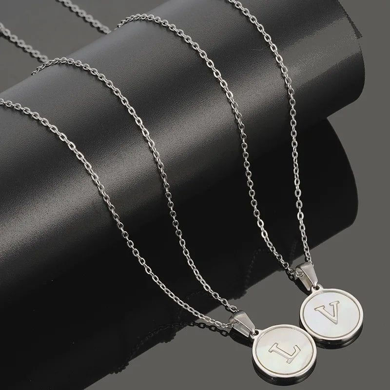 Initial Letter Necklace A-Z White Shell Round Alphabet Pendants Necklace Stainless Steel Letters Men Women Pendant Charm Jewelry