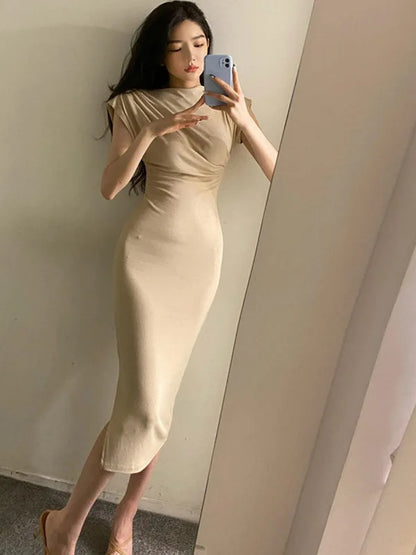 Summer New Short Sleeve Women Folds Casual Charm Slim Fit High Waist Split Long Christmas Dress Sexy Wrap Hip Gentle Solid W9YK