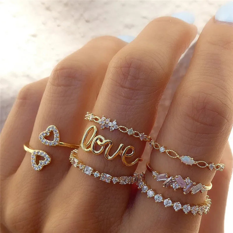 Modyle Boho Gold Color Heart Rings Set For Women Cubic Zirconia Star Moon Arrow Flower Finger Rings Female Trendy Jewelry Gift