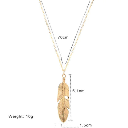 Fashion Simple Gold Color Meter Feather Pendant Necklace for Women Leaf Shaped Female Long Sweater Chain Girls Jewelry Gifts