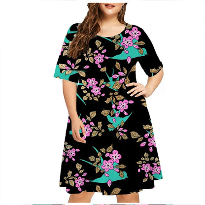 Gradient Blue Rose Flowers Print Dress Women Elegant Short Sleeve O-Neck Party Mini Dress Loose Plus Size Clothing 6XL Sundress