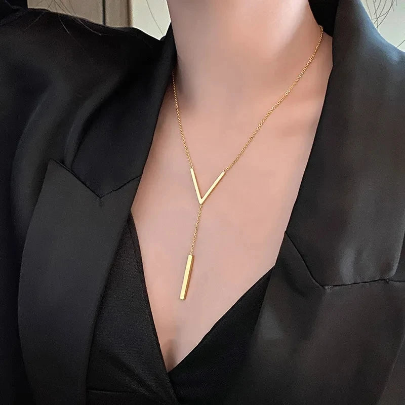 Stainless Steel V Shape Stick Pendant Necklace for Women Ladies Dainty Long Chain Necklace  Party Jewelry