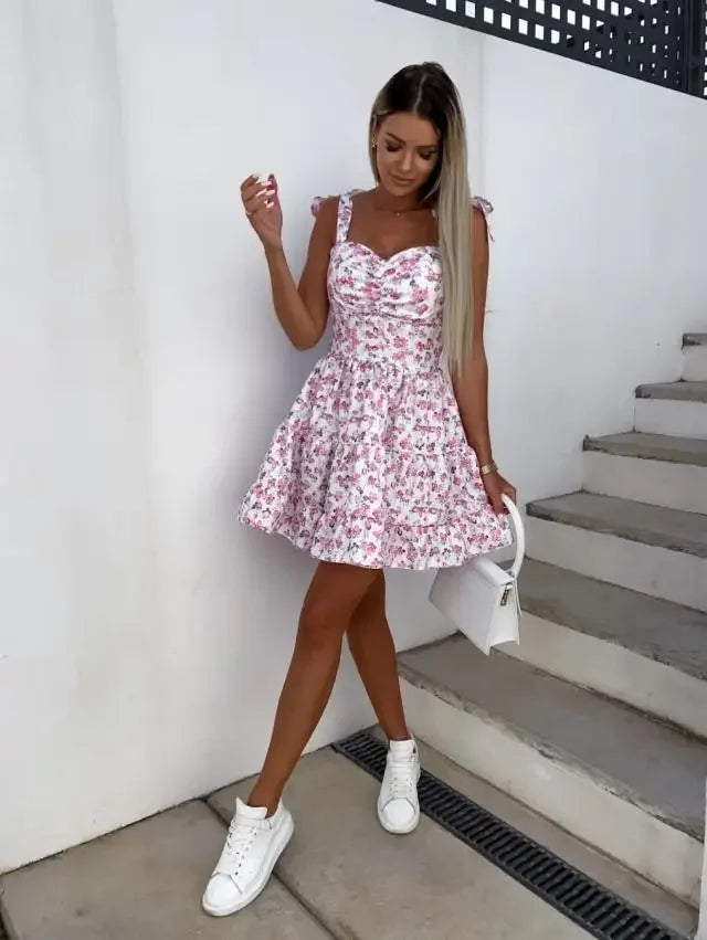 2023 Summer Fashion Short Boho Dress Women Mini Floral Print Dress Female Sleeveless Hanging Belt Printed Waist Folded Dress