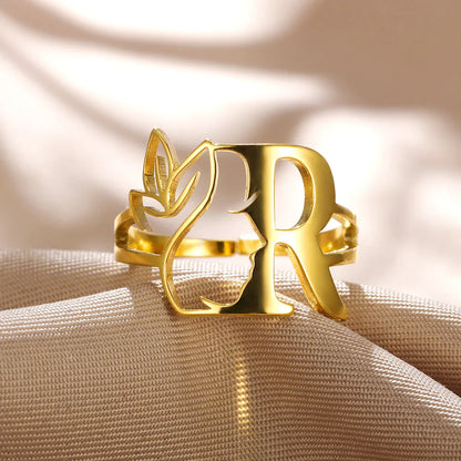 Stainless Steel Gold Color Flower Letters Rings For Women Alphabet Jewelry Pretty Girl Initials Adsjustable Rings Party Gifts