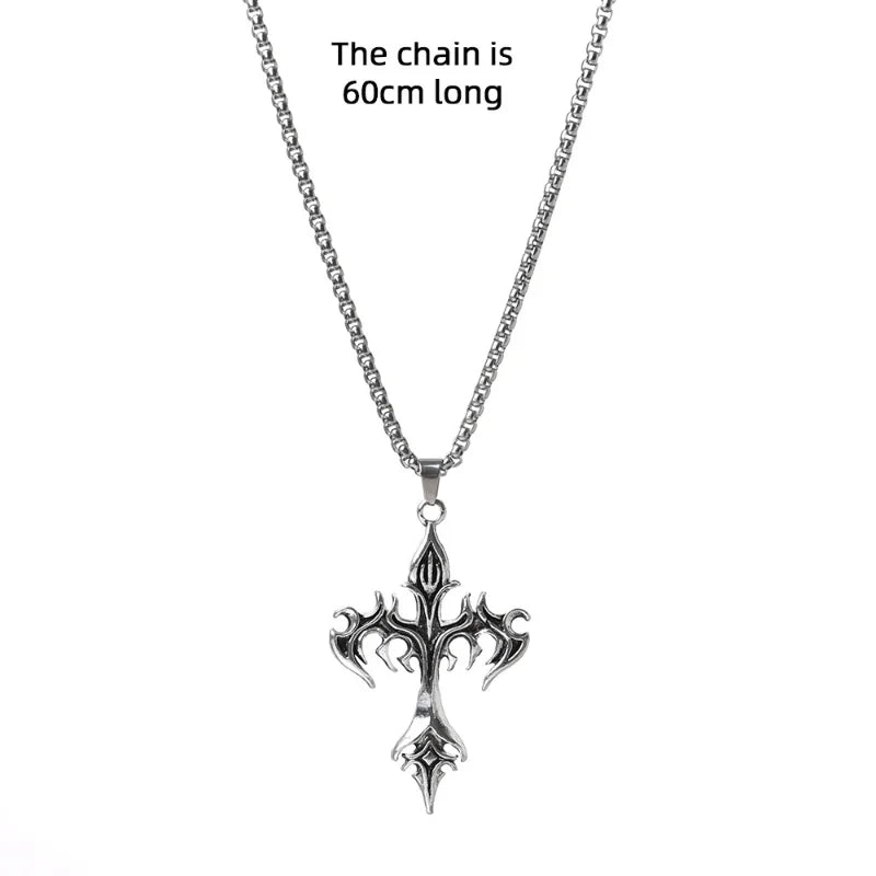 Men's Vintage Flame Cross Pendant Necklace Women Stainless Steel Link Chain Charm Necklaces Cool Punk Hip Hop Jewelry Gift