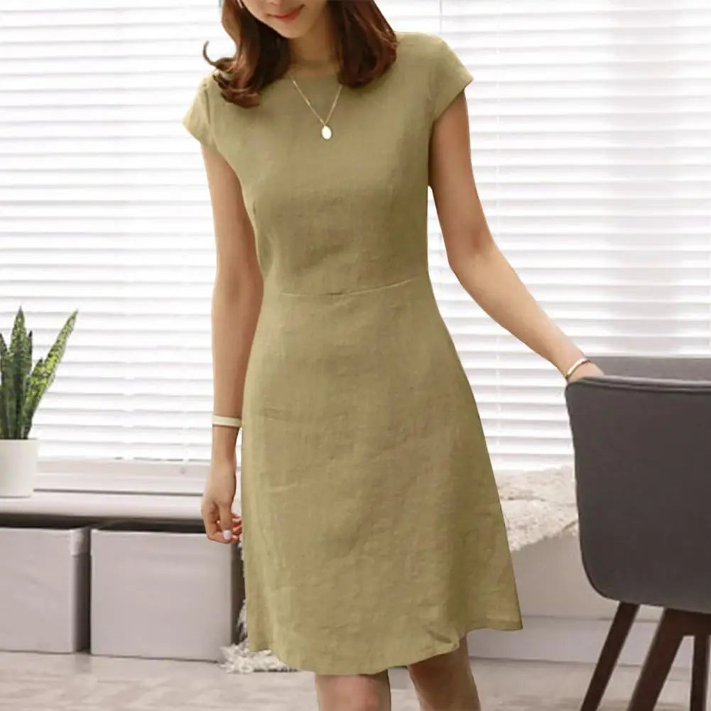 Commute Dress V-neck Back Zipper A-line Mini Dress for Women Short Sleeve Slim Fit Summer Dress with Above Knee Length Commute