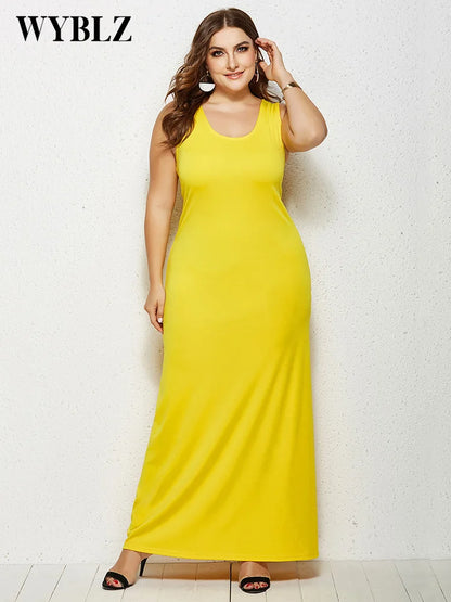 Plus Size Dresses Women Tank Dress Summer Sexy Casual O Neck Sleeveless Slim Long Dress Lady Loose Solid Beach Party A-line Robe