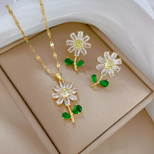 Classic Green Leaf Flower Necklace and Earrings Set Light Luxury Sunflower Personalized Banquet Stainless Steel Jewelry