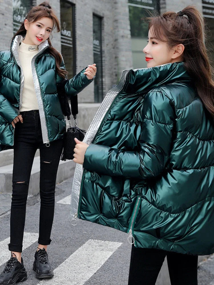 Giacca che riflette la luce Donna Inverno Caldo Pane Parka Corto imbottito Casual Spesso Stand-up Cappotto in cotone oversize Femme Parka 