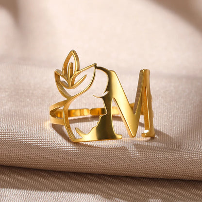 Stainless Steel Gold Color Flower Letters Rings For Women Alphabet Jewelry Pretty Girl Initials Adsjustable Rings Party Gifts