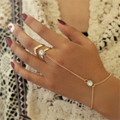 Punk Link Chain Ring Connected Bracelets Gold Color Metal Finger Ring Bracelets Hand Harness Fashion Jewelry Women