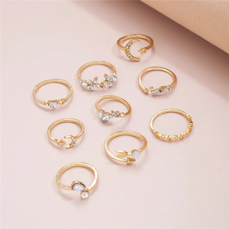 Modyle Boho Gold Color Heart Rings Set For Women Cubic Zirconia Star Moon Arrow Flower Finger Rings Female Trendy Jewelry Gift