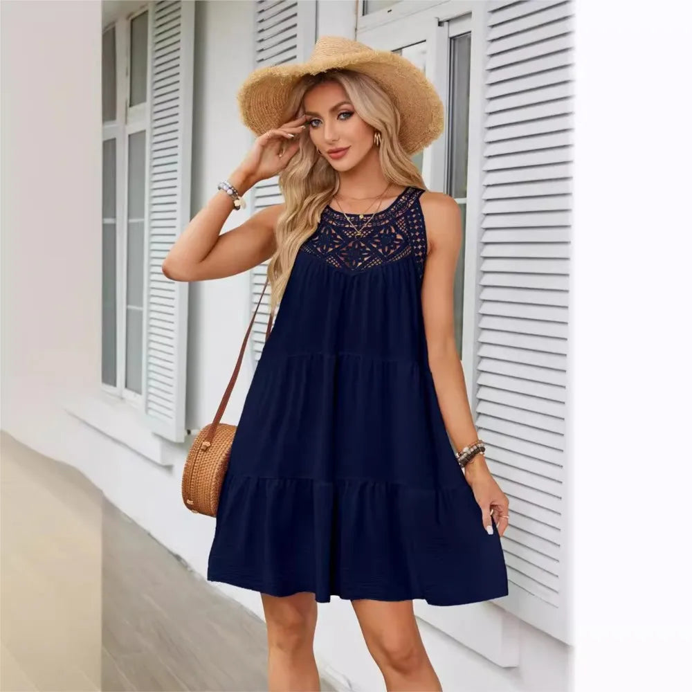 Fashion Sexy Hollow Lace Patchwork Halter Neck Women A Line Dress Summer Casual Solid Color Loose Beach Holiday Female Sundress