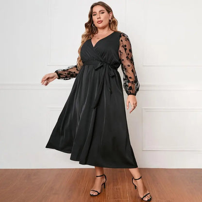 Plus Size Women Dress Elegant V-neck Embroidered Lace Mesh Midi Dress with Long Sleeves Belt for Women High Waist Wrap Hem Plus