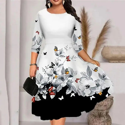 Women Dress Summer O-neck 3/4 Sleeve Midi Dress Plus Size Butterflies Printing Waist Tight Loose Hem Casual Dress Streetwear