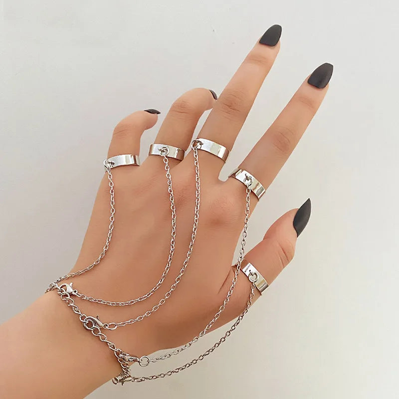 Punk Style Black Color Chain Wrist Rings for Women Men Charm Hip Hop Geometric Chain Open Rings Set Couple 2023 Trend Jewelry