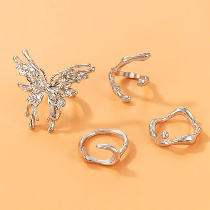 Punk Silver Color Liquid Butterfly Rings Set For Women Fashion Irregular Wave Metal Knuckle Rings Aesthetic Egirl Gothic Jewelry