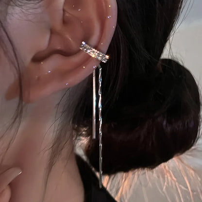 Silver Color Crystal Tassel Non-Piercing Cuff Ear Clip Earring For Women Shiny Rhinestone Chain Fake Cartilage Piercing Jewelry