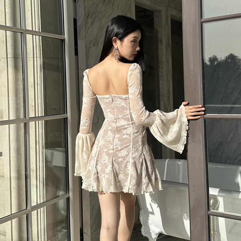 Vintage Lace Mini Dress Long Sleeve Fit And Flare Birthday Party Dress Women Elegant Backless A-Line Short Prom Dresses