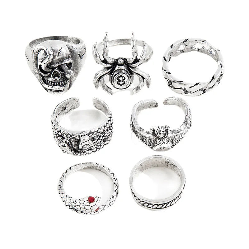 6Pcs Punk Poker Joker Silver Color Rings for Men Goth Skeleton Billiards Set Couple Emo Fashion Jewelry Anillos Hombre