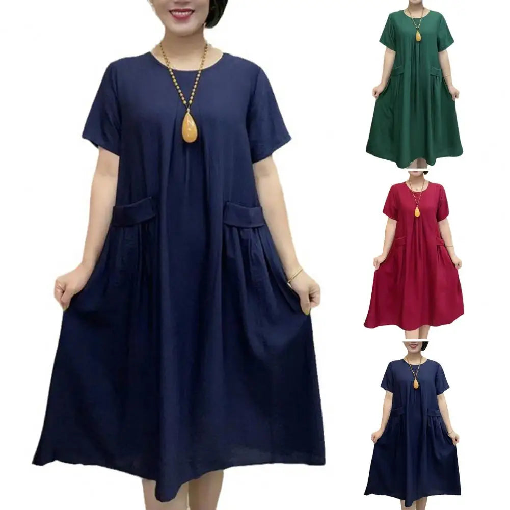 Loose Fit Dress Elegant Women's Summer Midi Dress with O-neck Short Sleeves Featuring Pockets A-line Design for Work for Holiday