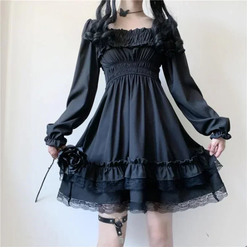 Japanese Lolita Style Women Princess Black Mini Dress Slash Neck High Waist Gothic Dress Puff Sleeve Lace Ruffles Party Dresses