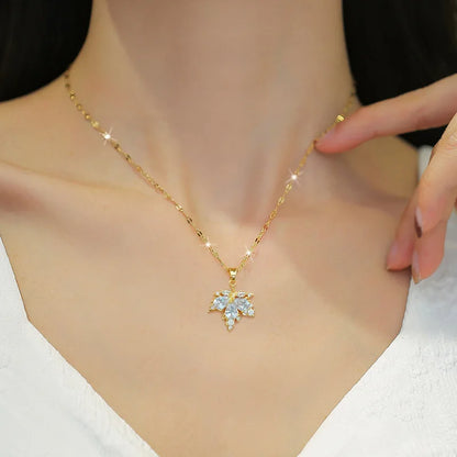 Fashionable Delicate Micro-inlaid Romantic White Maple Leaf Necklace Earrings Set Classic Personality Party Temperament Jewelry