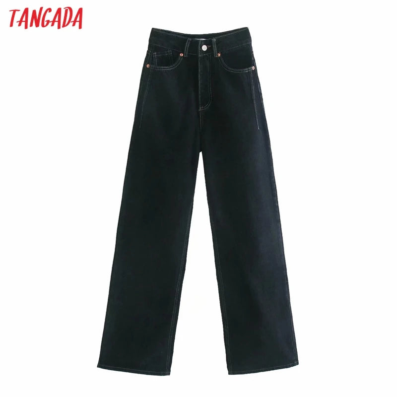 Tangada 2024 Women High Waist Overlength Jeans Pants Trousers Pockets Zipper Female Wide Leg Denim Pants 4M520