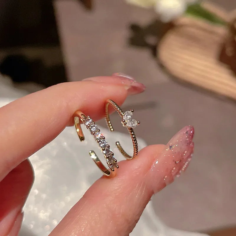 Nuovi anelli di zirconi regolabili impostati per donne ragazze minimalismo cuore di cristallo twist coppia anello color oro gioielli da sposa di moda 