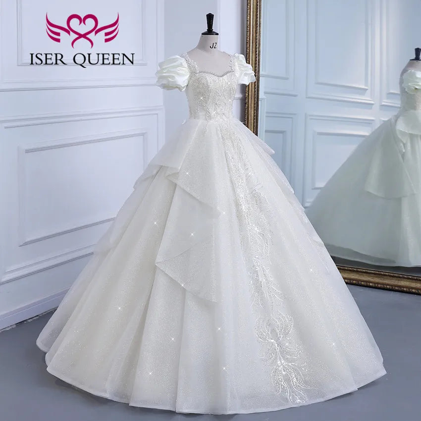 Customized Short Puff Sleeves Princess Wedding Dresses Europe Style 2024 New Gilter Tulle Quality Wedding Gown For Bride WX0308