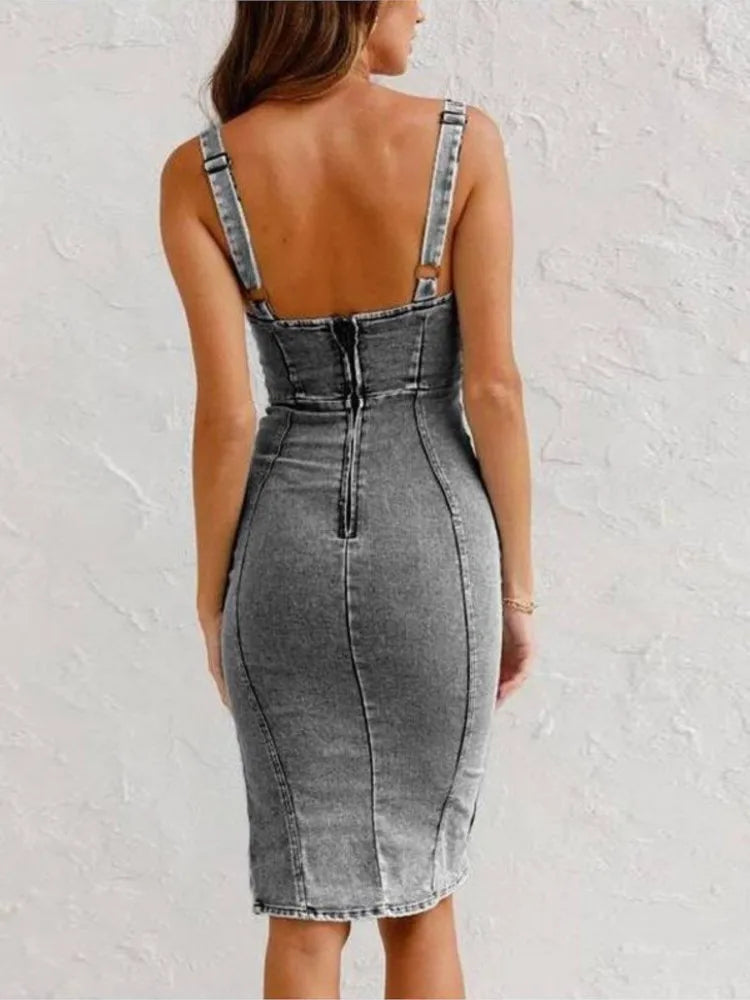 Estate nuovo scollo a U halter denim per abiti da donna moda slim fit avvolgente hip retrò festa femminile sexy abiti in denim diviso