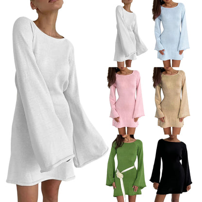 Women Knitted Dress Casual Solid Color Backless Long Sleeve Mini Party Dress for Beach Cocktail Club Streetwear