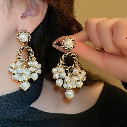 Medieval Vintage Round Pearl Tassel Drop Earrings for Woemn Personality Retro Party Jewelry