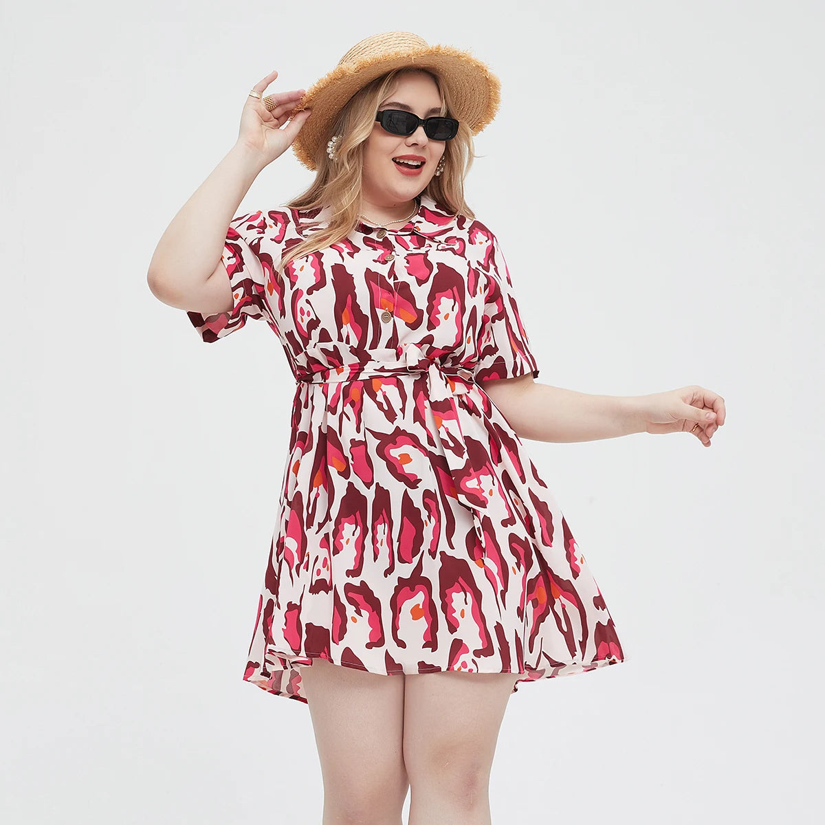 Plus Size 2024 New Fashion Clothes Printing Dress Casual Polyester Crew Neck Short Sleeve Dress Women's Plus Size Clothing L062