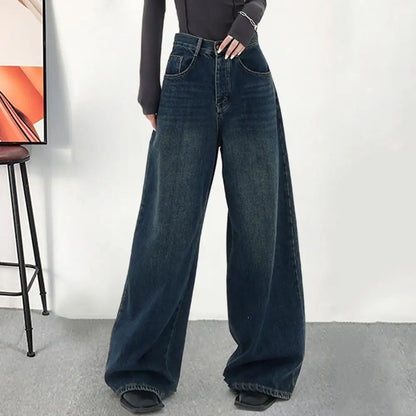 Jeans coreani a vita alta blu pantaloni larghi a gamba svasata fondo a campana 2024 autunno inverno nuovi pantaloni a cilindro dritto retrò larghi