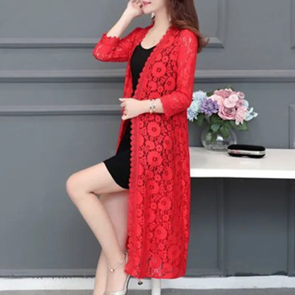 Women Lace Cardigan Mid-length Summer Mesh Shawl Loose Over-the-knee Sun Protection Clothing Women Jacket Shirt Outerwear - Sri sampi