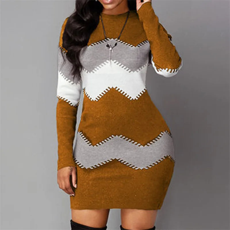 Women Elegant Patchwork Long Sleeve Warm Dress 2022 Autumn Winter Rib Knit Sweater Dress Casual Turtleneck Pullover Mini Dresses