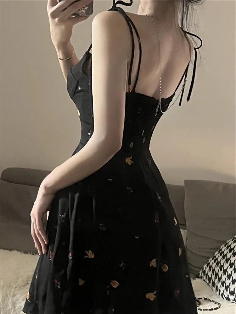 Summer Y2K Retro Floral Strap Bow Black Dress Mini Fashion Aesthetic Club Party Sexy Dresses for Women A-line Outfits