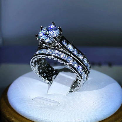 925 Silver Luxury Engagement Rings for Women 2Pcs/Set Shiny Zircon Novel Design Two Tone Elegant Female Jewelry Rings Dropship