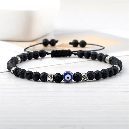 Evil Eye Bracelet 4mm Natural Black Matte Lava Stone Beads Handmade Braided Bracelet for Men Women Yoga Reiki Adjustable Jewelry