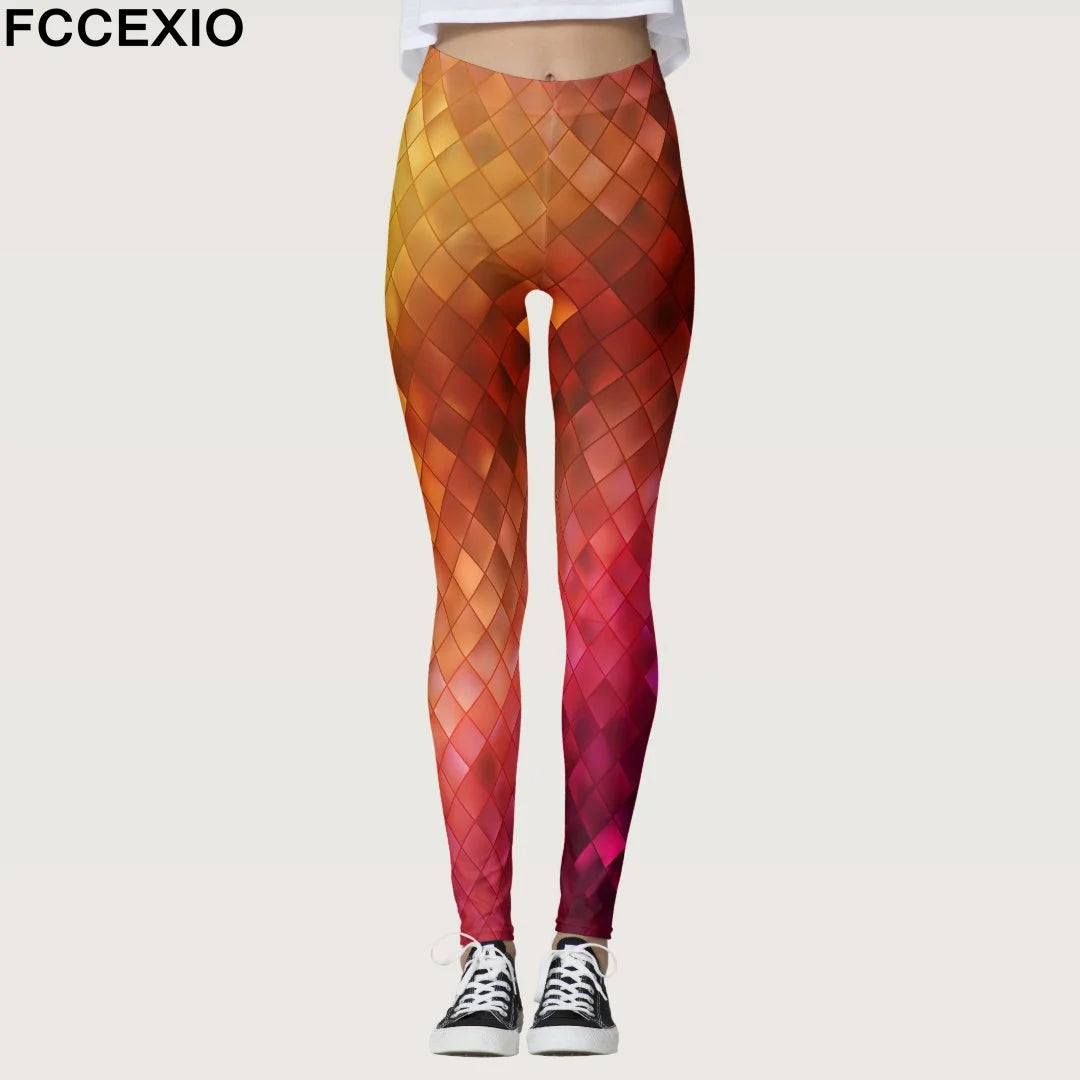 FCCEXIO Summer New Geometric Graffiti Print Women's Sports Leggings High Waist Running Tght Fitness Workout Yoga Gym Pants S-3XL