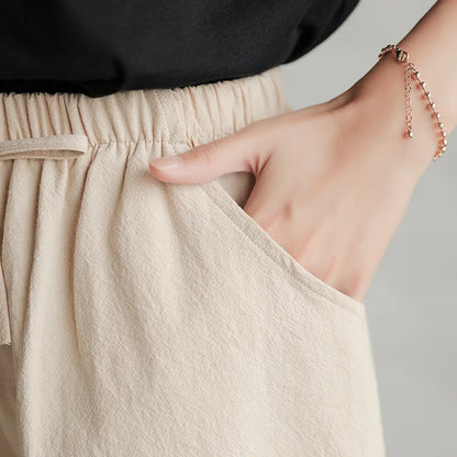 Women Shorts Spring Summer 2023 Loose Linen Cotton Solid Casual Korean Wide Leg Pant Drawstring Elastic Waist Bikers Shorts