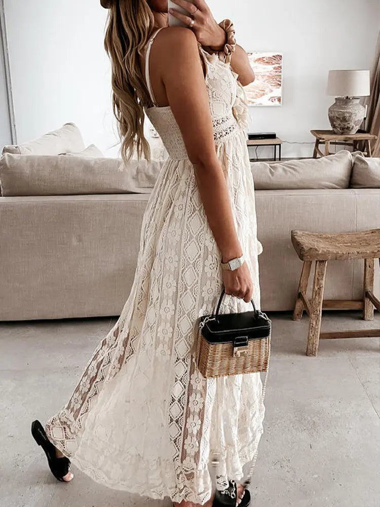 Boho Dress Women Summer Maxi Dress Lady Off Shoulder Holiday Lace V Neck Spaghetti Strap Sundress White Dress Vestidos De Mujer