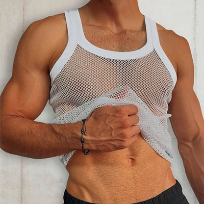 Men's Sexy Mesh Casual Vest Summer Beach Cutout Mesh T-shirt Comfortable Breathable Cool Men's Vest Muscular Men Tight Vest