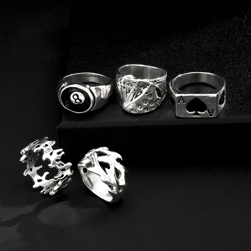 6Pcs Punk Poker Joker Silver Color Rings for Men Goth Skeleton Billiards Set Couple Emo Fashion Jewelry Anillos Hombre