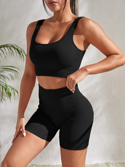 Seamless Ribbed Yoga Sets Workout Sets for Women 2 Pieces Gym Suits